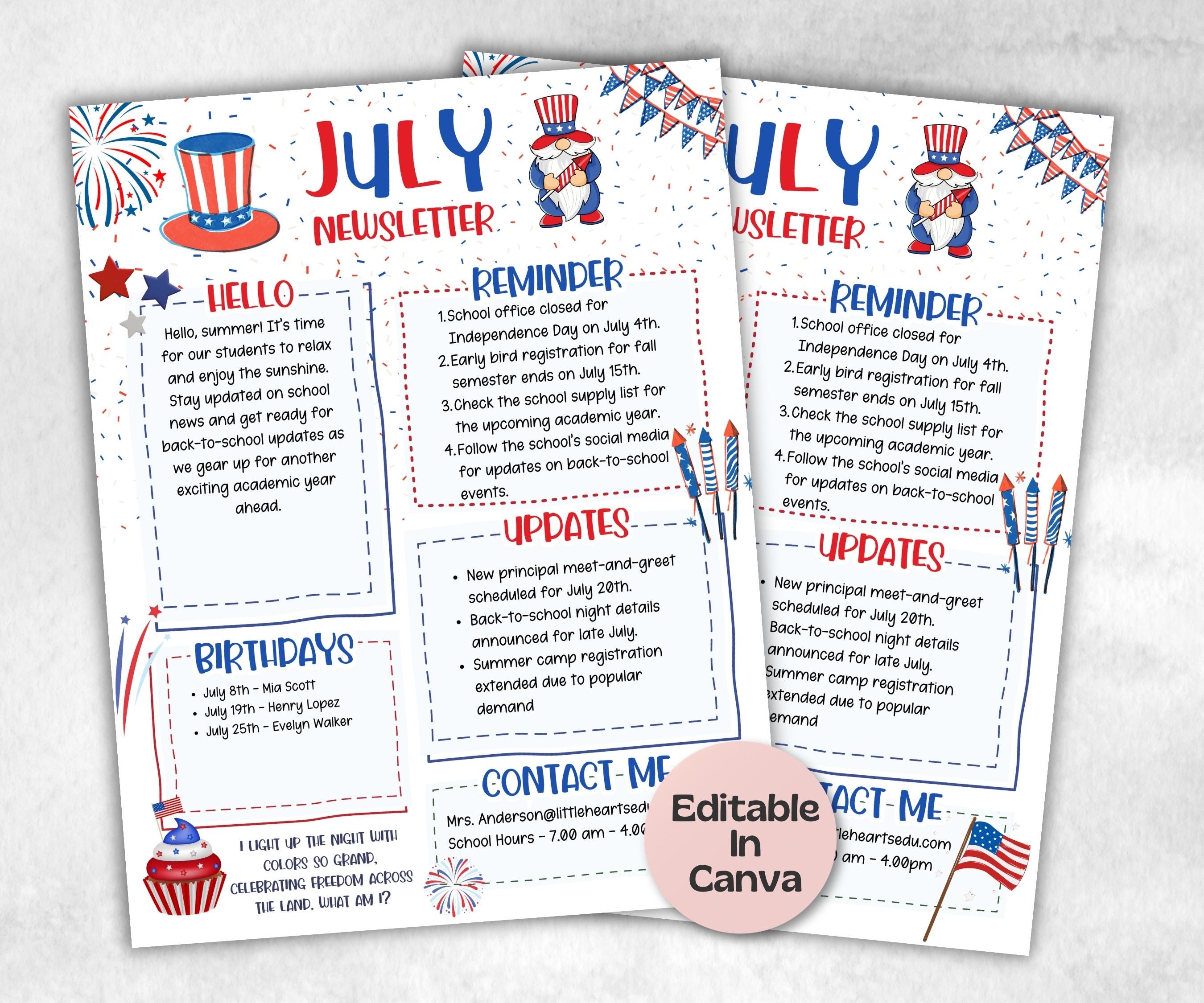 4th of July Classroom Newsletter, Daycare Class Newsletter, Newsletter Template, Canva Template School Newsletter, Parent Communication-New Listings -TheHustlingCatLady-Planner Templates