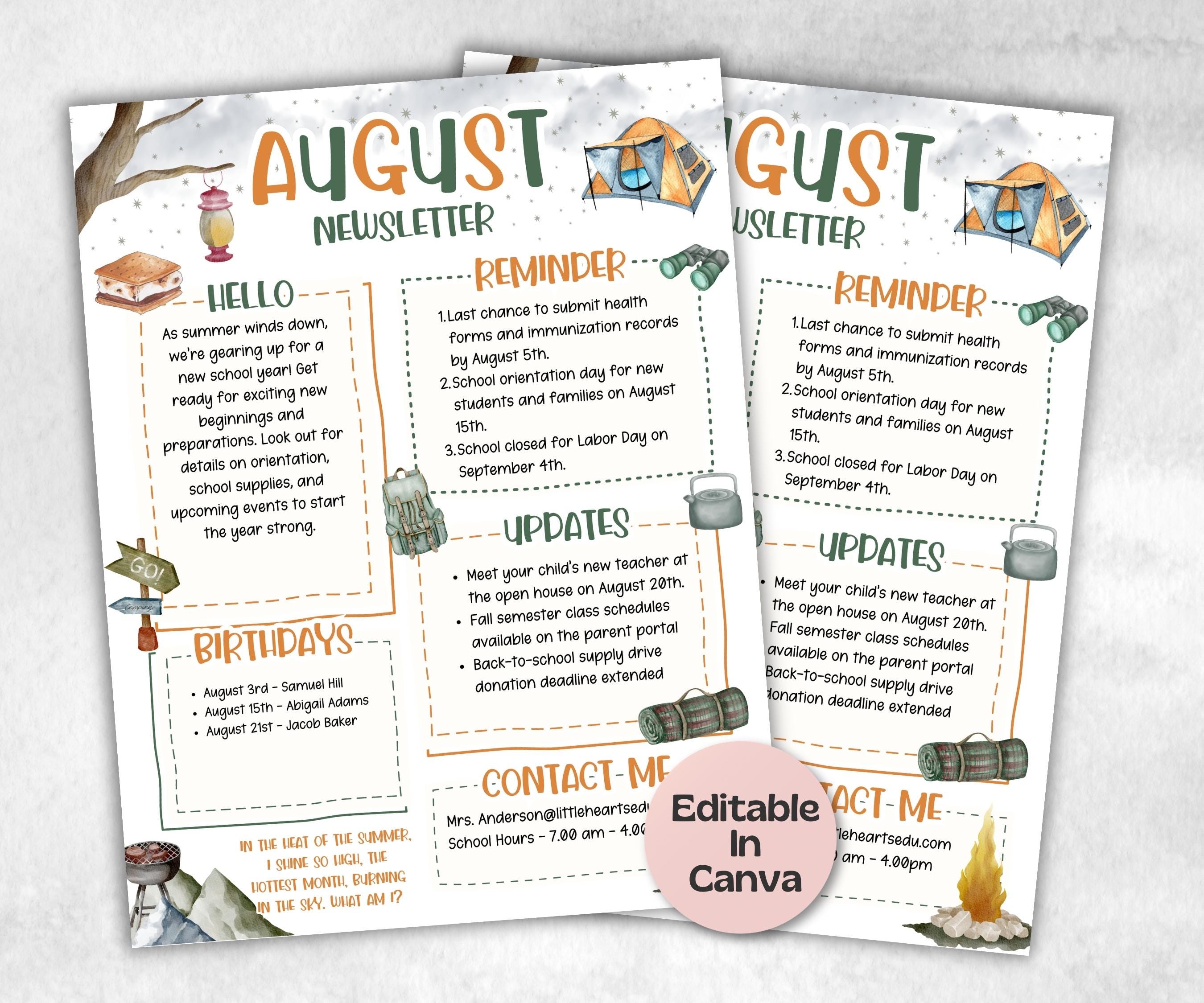 August Camping Classroom Newsletter, Daycare Class Newsletter, Newsletter Template, Canva Template School Newsletter, Parent Communication-New Listings -TheHustlingCatLady-Planner Templates