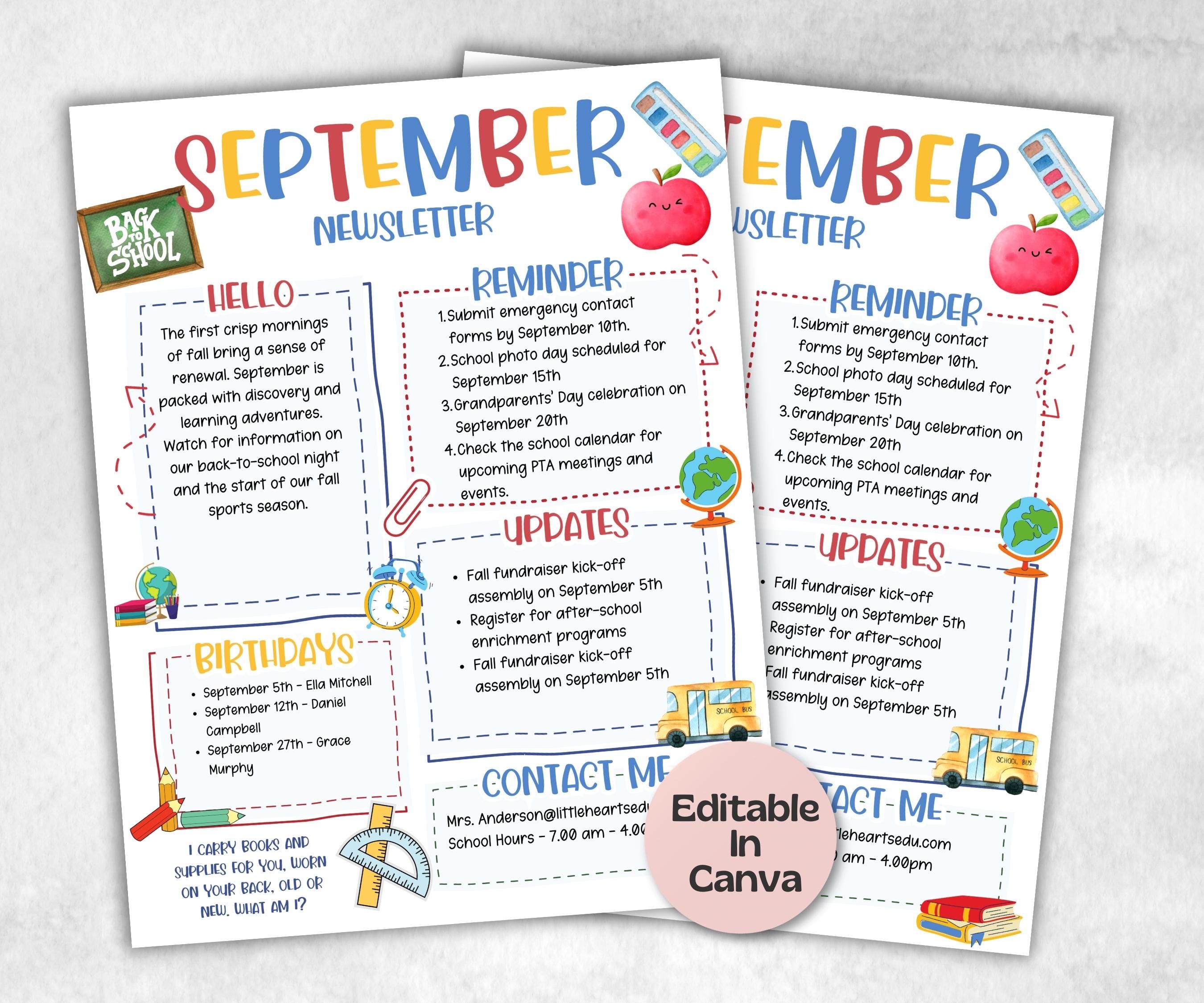 Back to School September Classroom Newsletter, Daycare Newsletter Canva Template, School Newsletter, Parent Communication, 1st day of school-New Listings -TheHustlingCatLady-Planner Templates