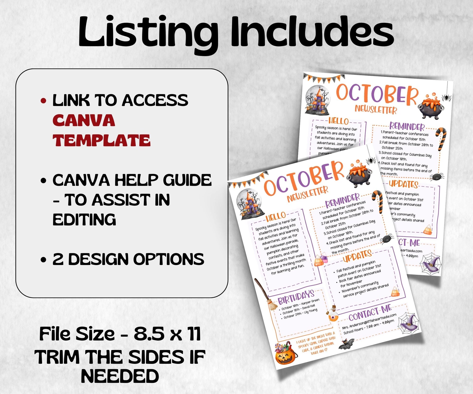 October Halloween Classroom Newsletter, Daycare Newsletter Canva Template, School Newsletter, Parent Communication, 1st day of school-New Listings -TheHustlingCatLady-Planner Templates