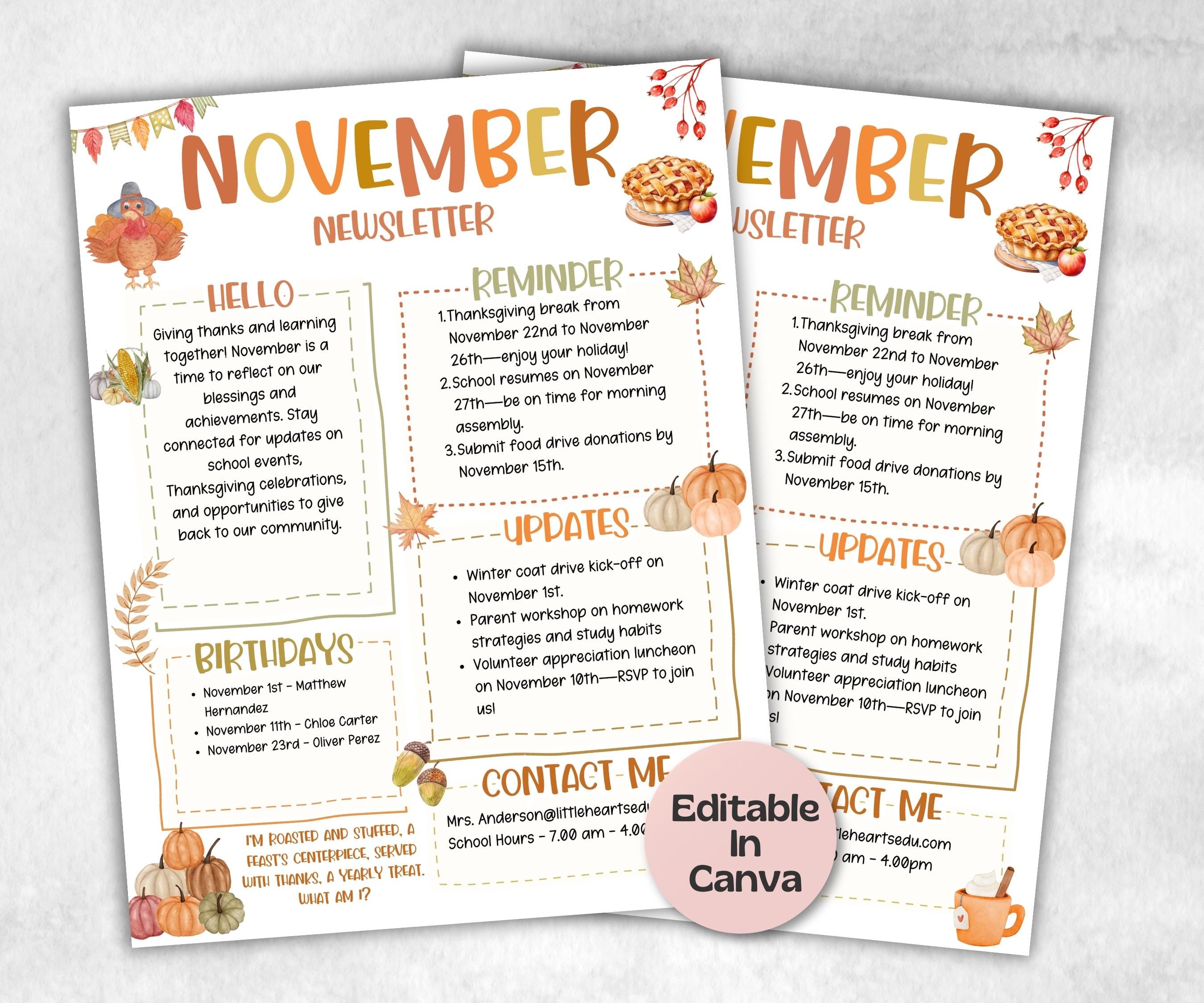 November Printables Editable Newsletter Template Groovy Fall