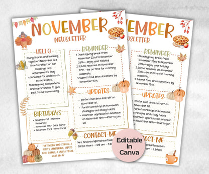 Thanksgiving November Classroom Newsletter, Parent Communication, Daycare Newsletter Canva Template, School Newsletter, 1st day of school-New Listings -TheHustlingCatLady-Planner Templates