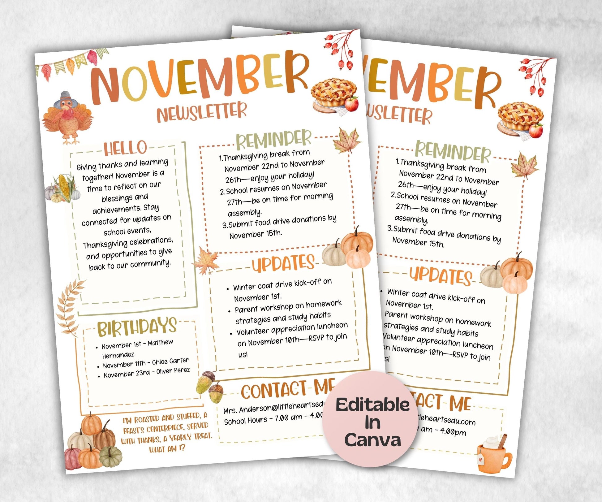 Thanksgiving November Classroom Newsletter, Parent Communication, Daycare Newsletter Canva Template, School Newsletter, 1st day of school-New Listings -TheHustlingCatLady-Planner Templates