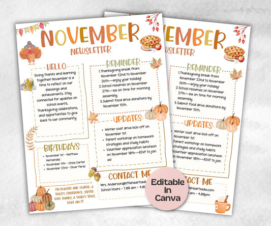 Thanksgiving November Classroom Newsletter, Parent Communication, Daycare Newsletter Canva Template, School Newsletter, 1st day of school-New Listings -TheHustlingCatLady-Planner Templates