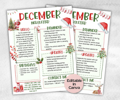 Christmas December Classroom Newsletter, Daycare Newsletter Canva Template, School Newsletter, Parent Communication, 1st day of school-New Listings -TheHustlingCatLady-Planner Templates