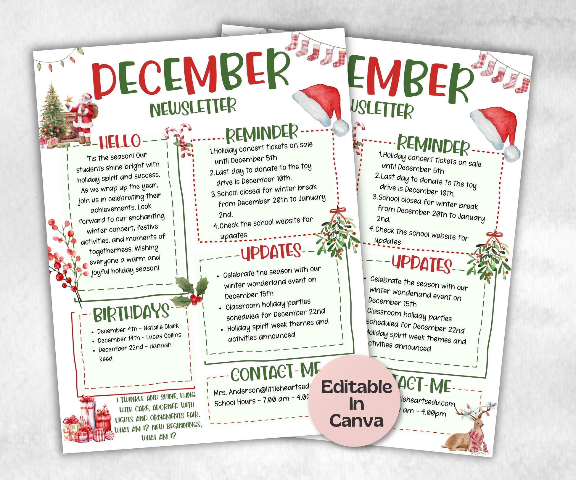 Christmas December Classroom Newsletter, Daycare Newsletter Canva Template, School Newsletter, Parent Communication, 1st day of school-New Listings -TheHustlingCatLady-Planner Templates