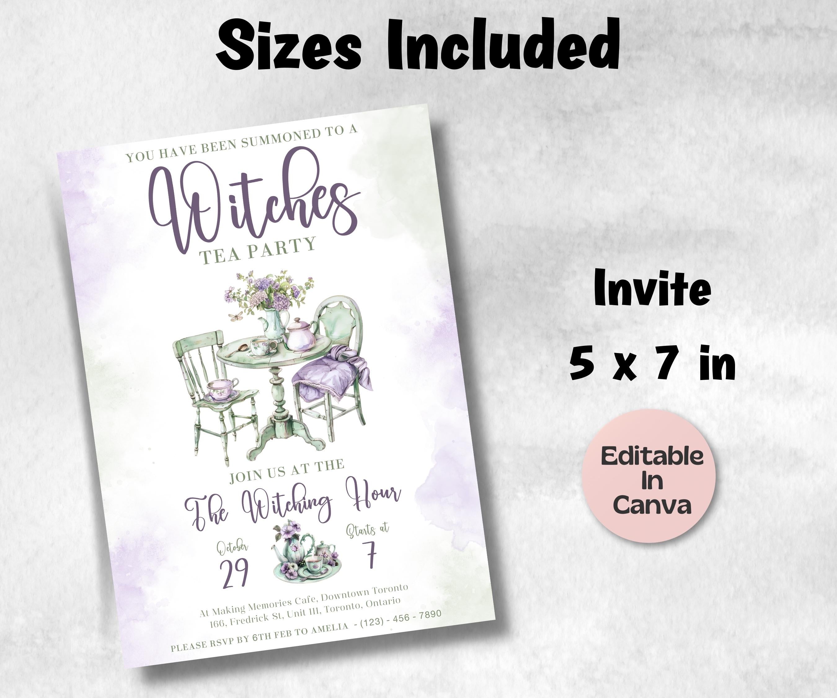 Witch Tea Party Template, Halloween Bridal Shower, Editable Halloween Tea Party Invite, Halloween Card Printable, Gothic Brunch Invite, Girl-New Listings -TheHustlingCatLady-Templates