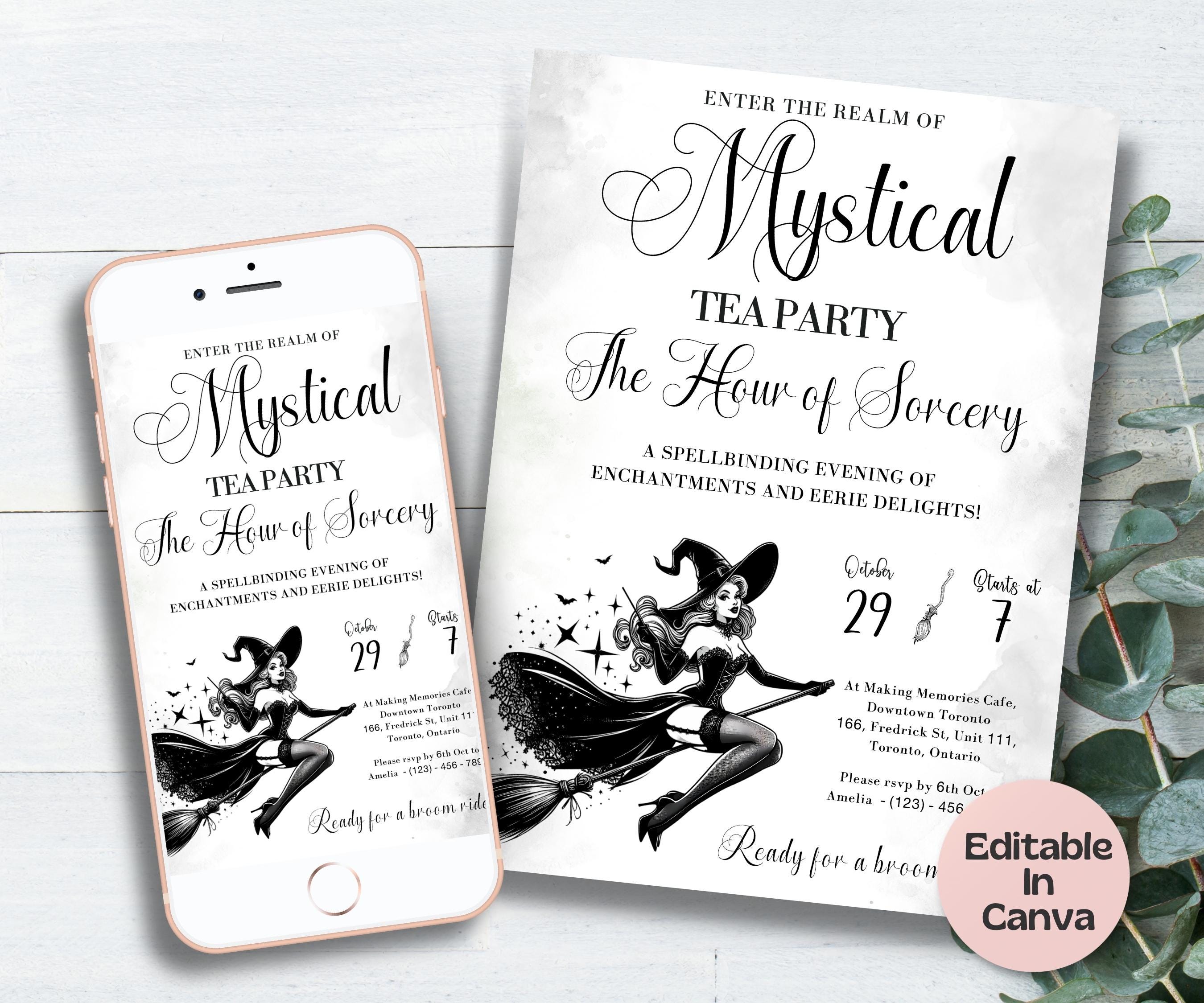 Tea Party Invitation Printable, Witch Tea Party Template, Halloween Bridal Shower, Editable Halloween Tea Party Invite, Gothic Brunch Invite-New Listings -TheHustlingCatLady-Templates