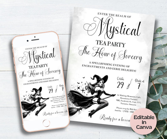 Tea Party Invitation Printable, Witch Tea Party Template, Halloween Bridal Shower, Editable Halloween Tea Party Invite, Gothic Brunch Invite-New Listings -TheHustlingCatLady-Templates