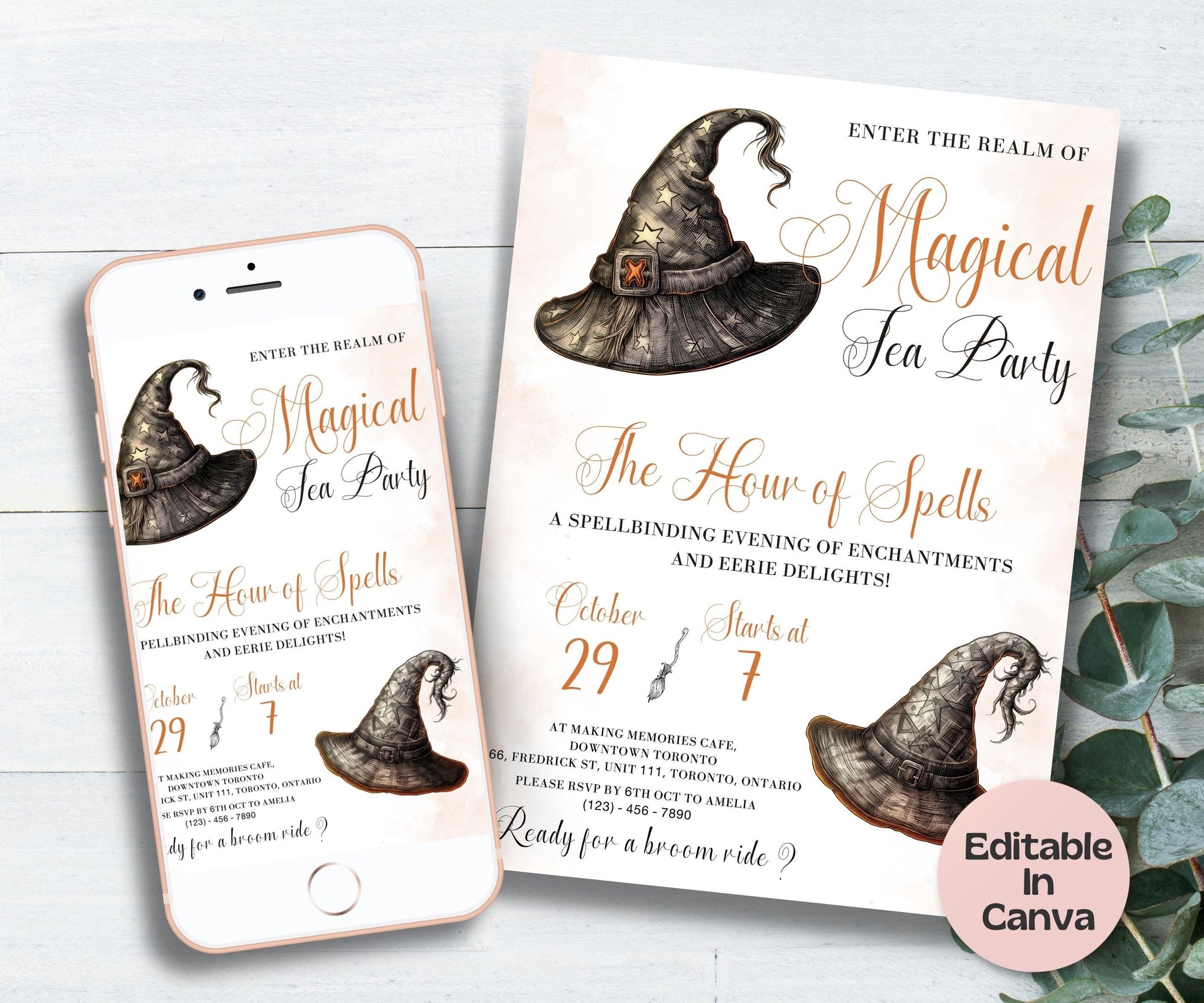 Costume Party Gothic Brunch Invite, Witch Hat Halloween Tea Party Invite, Witch Tea Party Template, Halloween Bridal Shower, Bachelorette-New Listings -TheHustlingCatLady-Templates