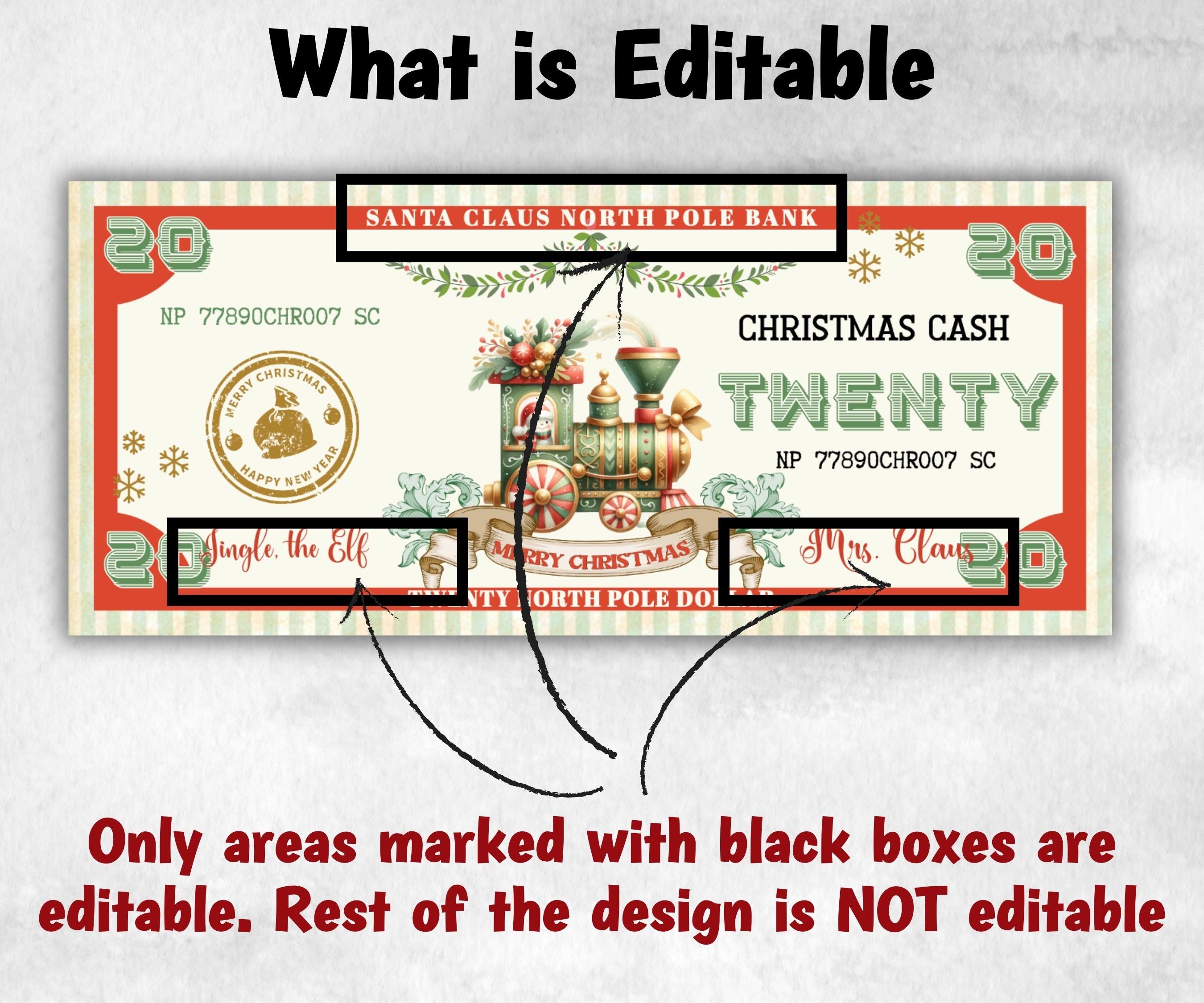 Ready To Print Christmas Play Money, North Pole Dollar Bill, Stocking Stuffer, Printable Christmas Money, Editable Christmas Bucks, Dollar-New Listings -TheHustlingCatLady-Party Games