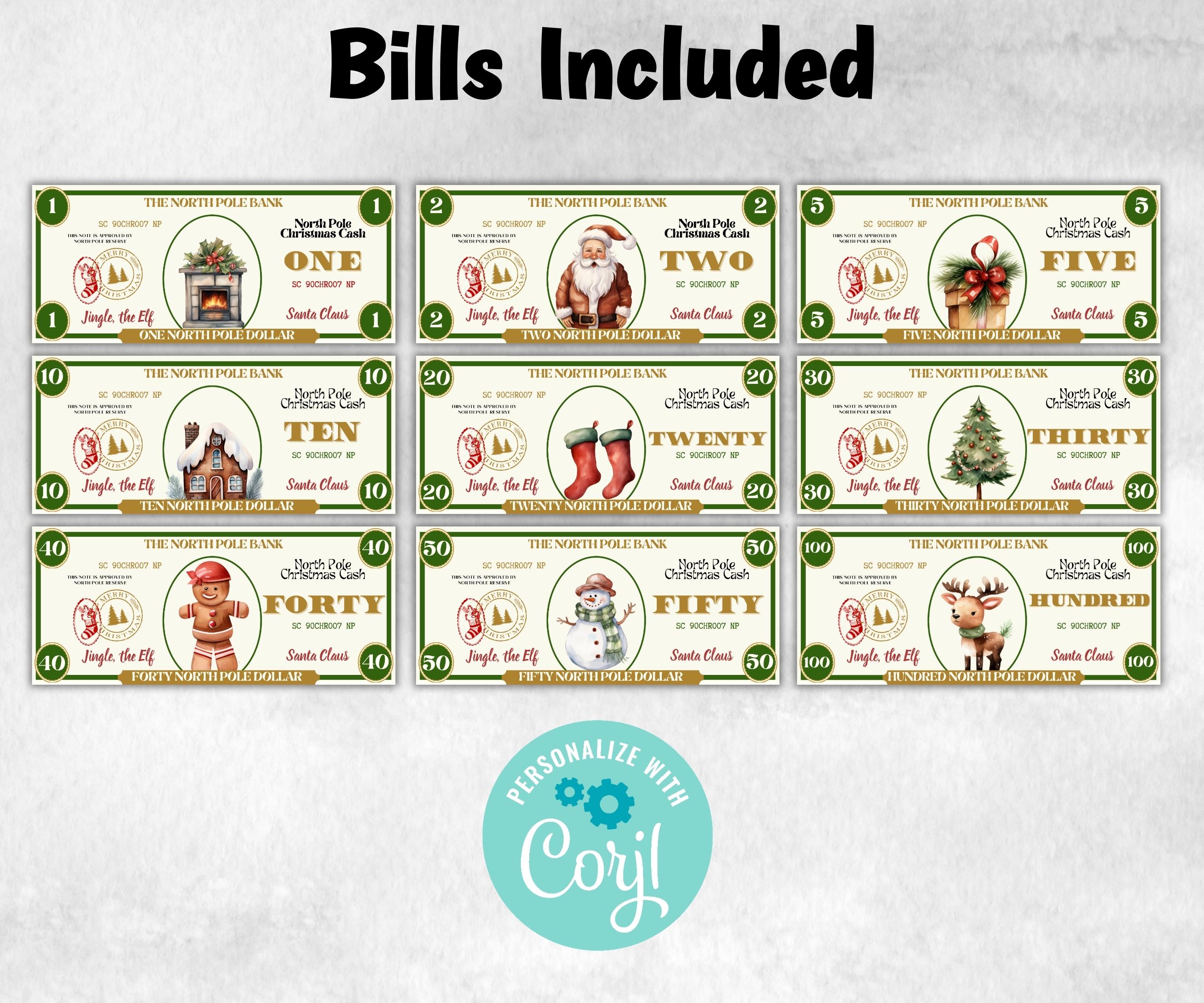 Printable Christmas Money, North Pole Dollar Bill, Stocking Stuffer, Ready To Print Christmas Play Money, Editable Christmas Bucks, Dollar-New Listings -TheHustlingCatLady-Party Games