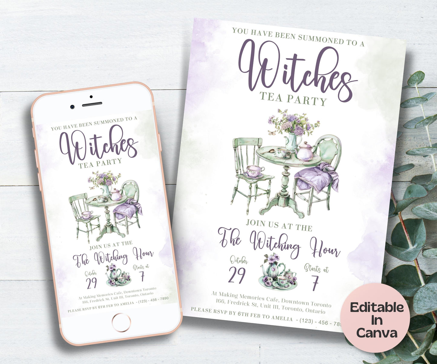 Witch Tea Party Template, Halloween Bridal Shower, Editable Halloween Tea Party Invite, Halloween Card Printable, Gothic Brunch Invite, Girl-New Listings -TheHustlingCatLady-Templates