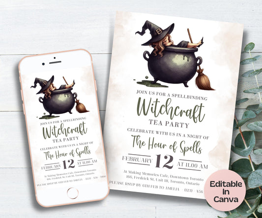 Halloween Invitation Printable, Witch Tea Party Template, Halloween Bridal Shower, Editable Halloween Tea Party Invite, Gothic Brunch Invite-New Listings -TheHustlingCatLady-Templates