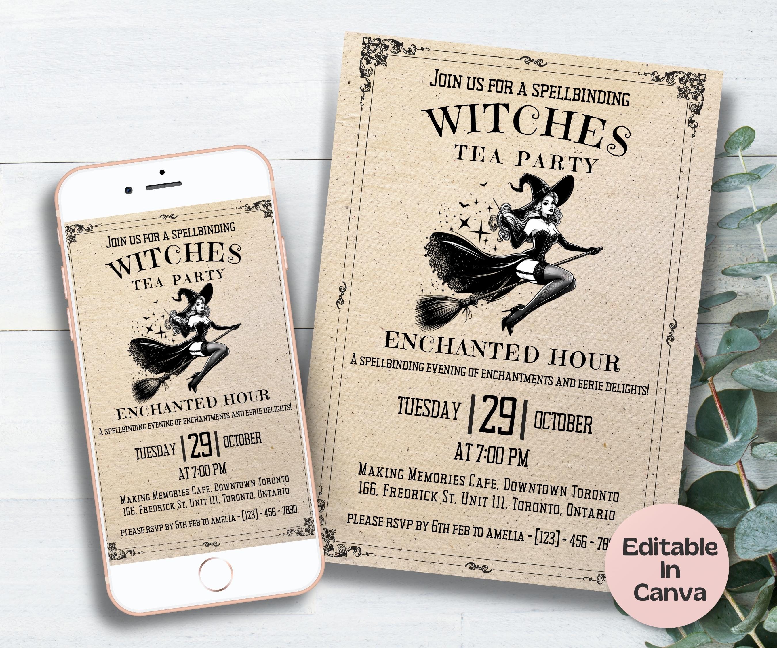 Vintage Halloween, Editable Halloween Tea Party Invite Witch Tea Party Template, Halloween Bridal Shower, Gothic Brunch Invite, girls night-New Listings -TheHustlingCatLady-Templates