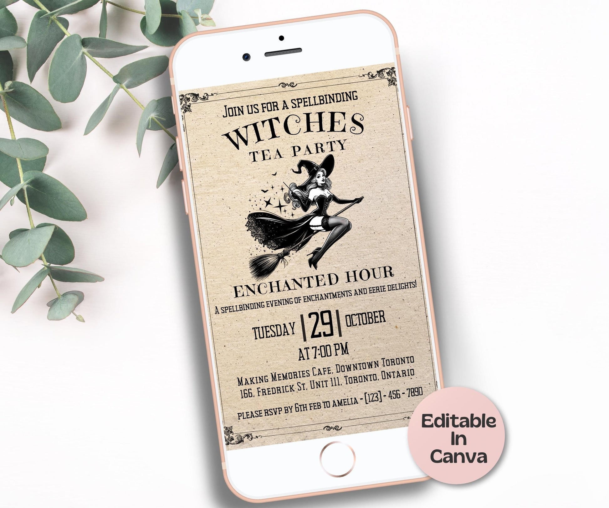 Vintage Halloween, Editable Halloween Tea Party Invite Witch Tea Party Template, Halloween Bridal Shower, Gothic Brunch Invite, girls night-New Listings -TheHustlingCatLady-Templates