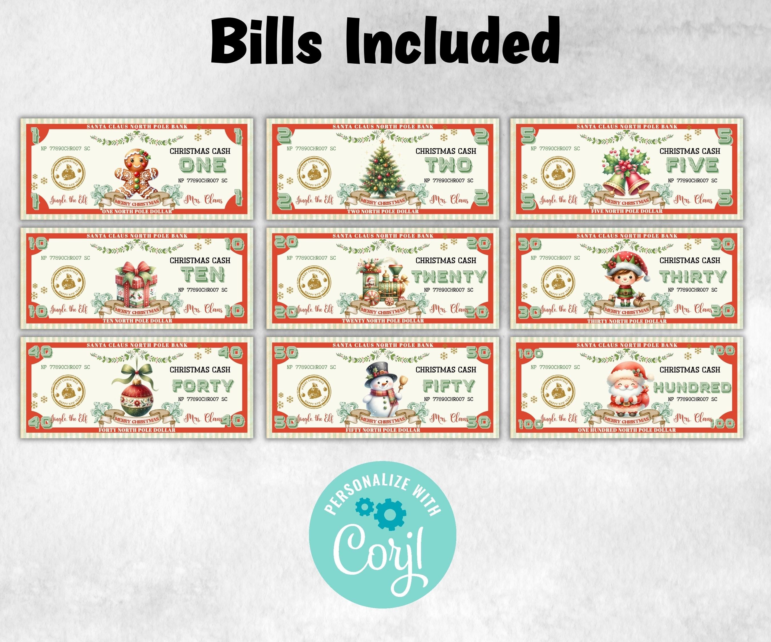 ready to print christmas play money, north pole dollar bill