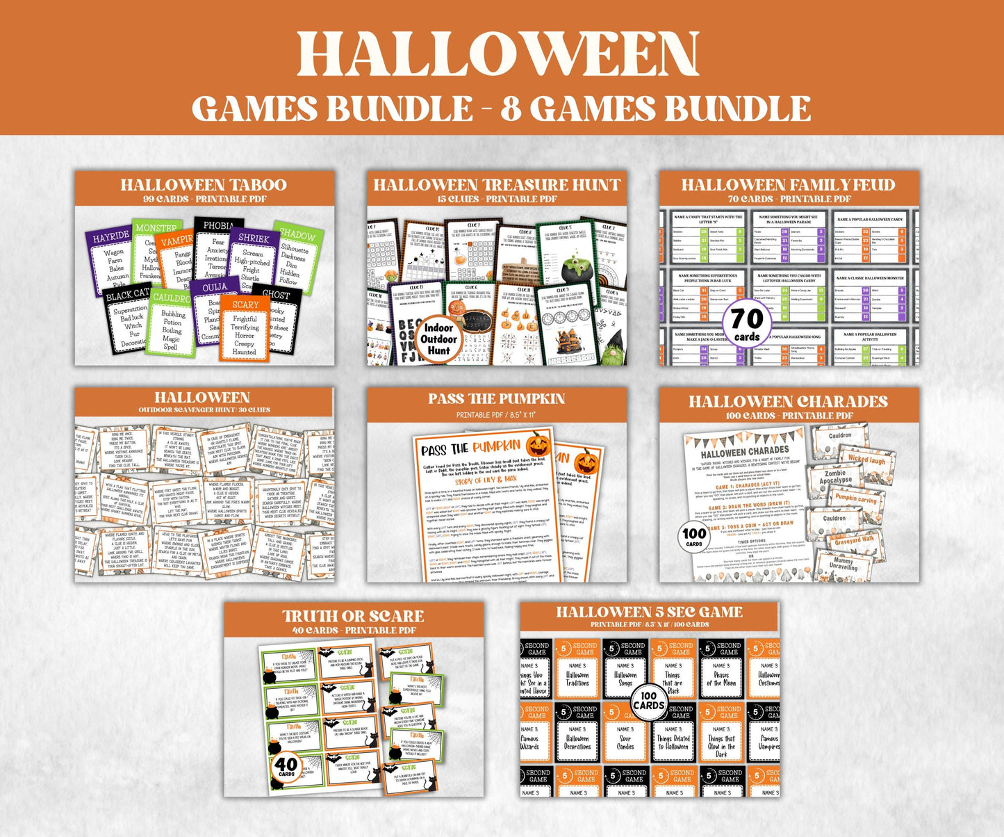 Halloween Games Bundle, Family Feud, Truth Or Scare, 5 Second Game, Scavenger Hunt, Charades, Taboo, Printable Halloween Party Activities-Halloween Printables -TheHustlingCatLady-Party Games