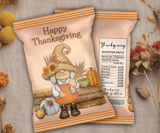 Editable Thanksgiving Chip Bag Wrapper, Thanksgiving Chip Bag, Chip Bag Template, Printable Favor Bags, Fall Harvest Party Favors, Dinner-Thanksgiving -TheHustlingCatLady-Party Favors