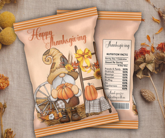 Gnome Chip Bag Template, Thanksgiving Chip Bag Wrapper, Editable Thanksgiving Chip Bag, Printable Favor Bags, Fall Harvest Party Favors-Thanksgiving -TheHustlingCatLady-Party Favors