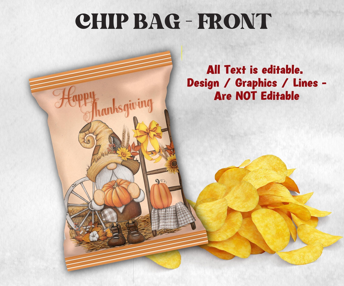 Gnome Chip Bag Template, Thanksgiving Chip Bag Wrapper, Editable Thanksgiving Chip Bag, Printable Favor Bags, Fall Harvest Party Favors-Thanksgiving -TheHustlingCatLady-Party Favors