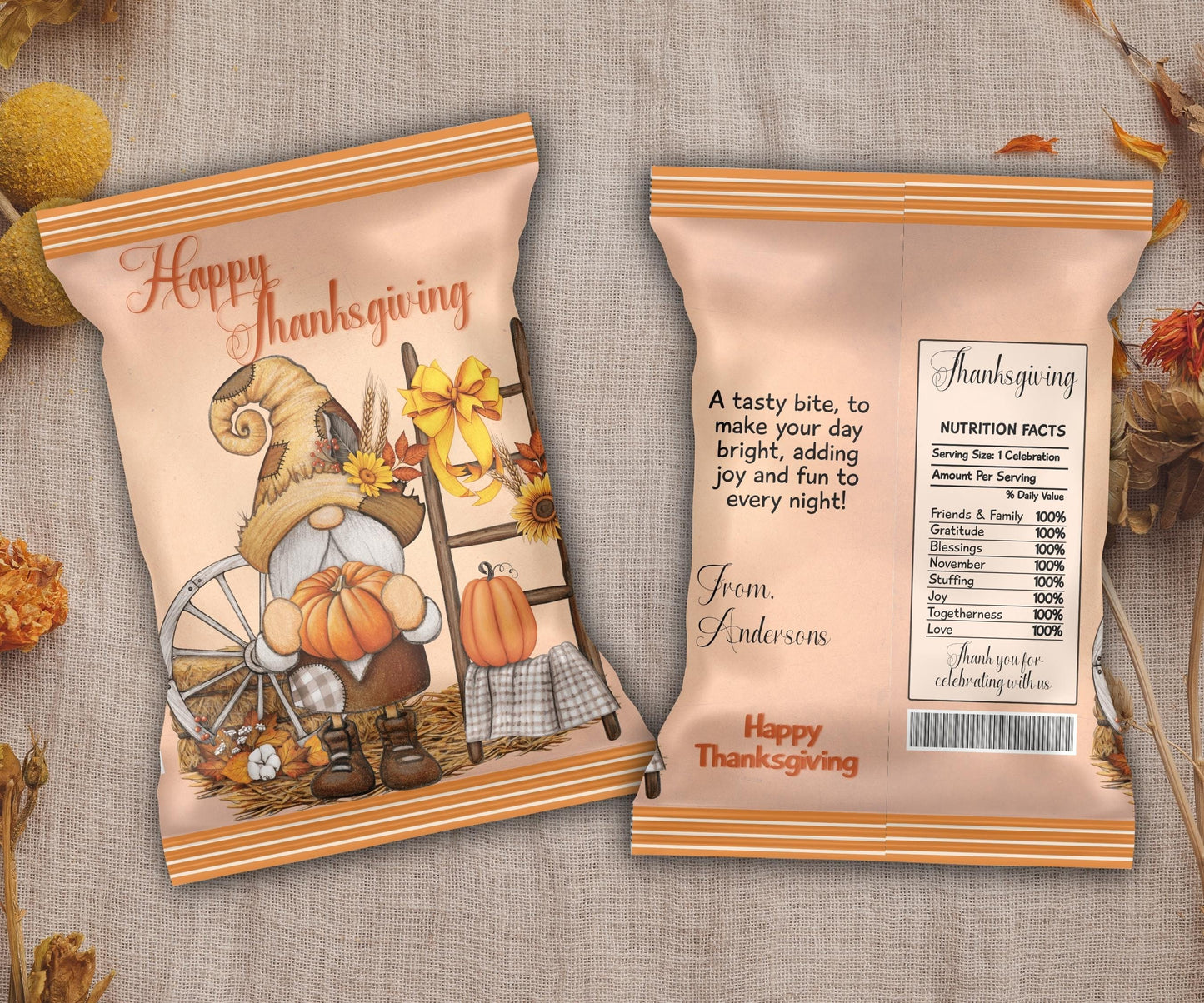 Gnome Chip Bag Template, Thanksgiving Chip Bag Wrapper, Editable Thanksgiving Chip Bag, Printable Favor Bags, Fall Harvest Party Favors-Thanksgiving -TheHustlingCatLady-Party Favors