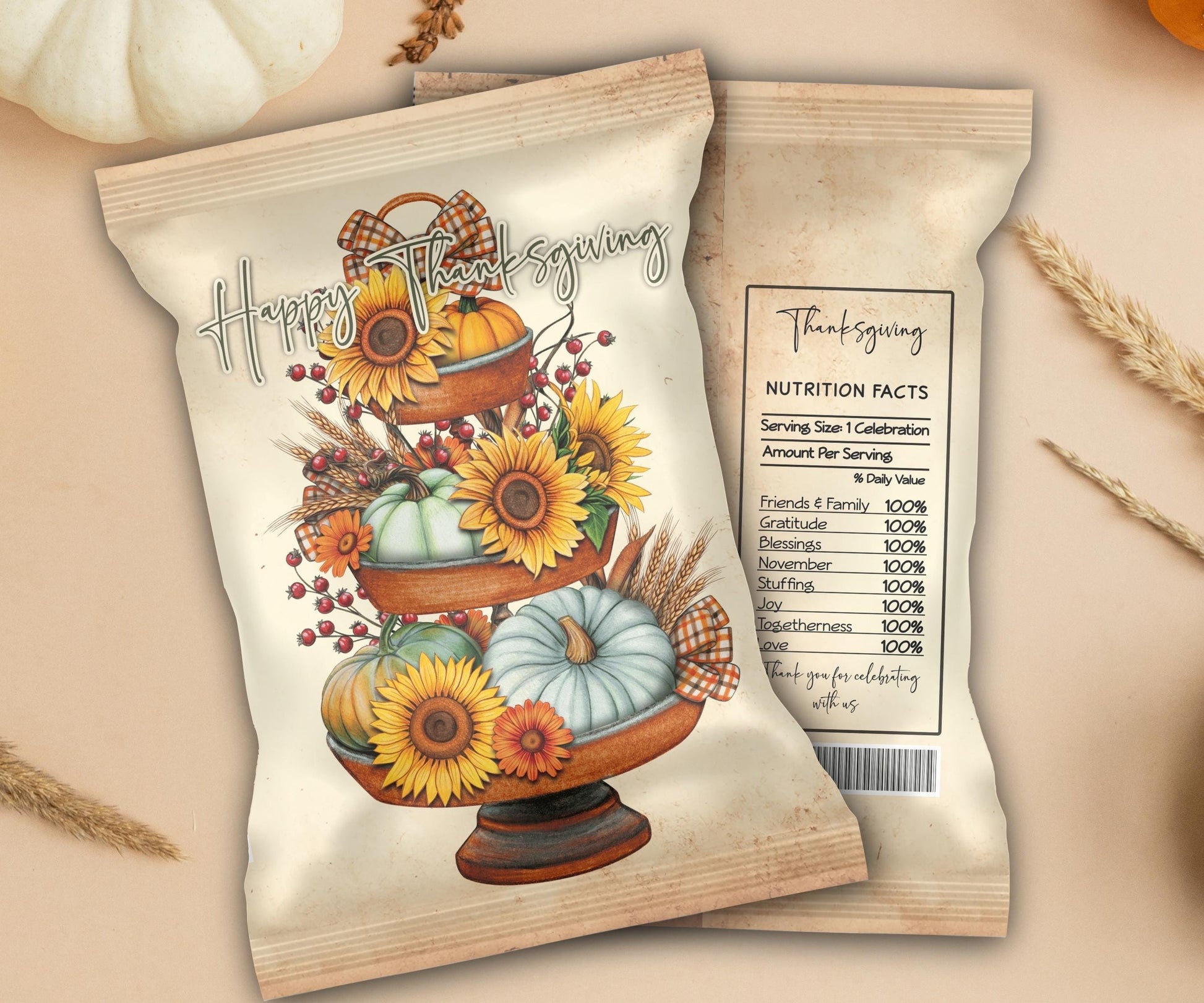 Fall Chip Bag Template, Thanksgiving Chip Bag Wrapper, Editable Thanksgiving Chip Bag, Printable Favor Bags, Fall Harvest Party Favors-Thanksgiving -TheHustlingCatLady-Party Favors