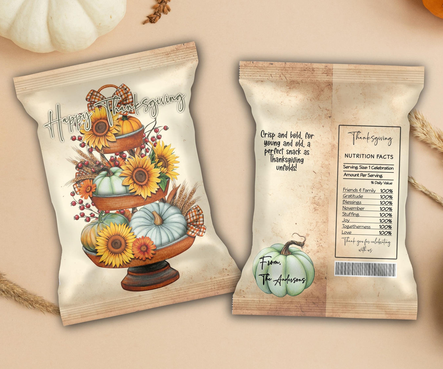 Fall Chip Bag Template, Thanksgiving Chip Bag Wrapper, Editable Thanksgiving Chip Bag, Printable Favor Bags, Fall Harvest Party Favors-Thanksgiving -TheHustlingCatLady-Party Favors