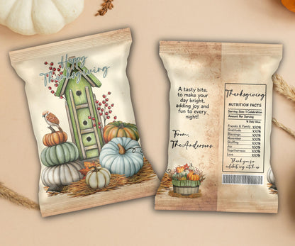 Pumpkin Chip Bag Template, Fall Harvest Party Favors, Thanksgiving Chip Bag Wrapper, Editable Thanksgiving Chip Bag, Printable Favor Bags-Thanksgiving -TheHustlingCatLady-Party Favors