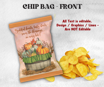 Harvest Pumpkin Chip Bag Template, Fall Party Favors, Thanksgiving Chip Bag Wrapper, Editable Thanksgiving Chip Bag, Printable Favor Bag-Thanksgiving -TheHustlingCatLady-Party Favors