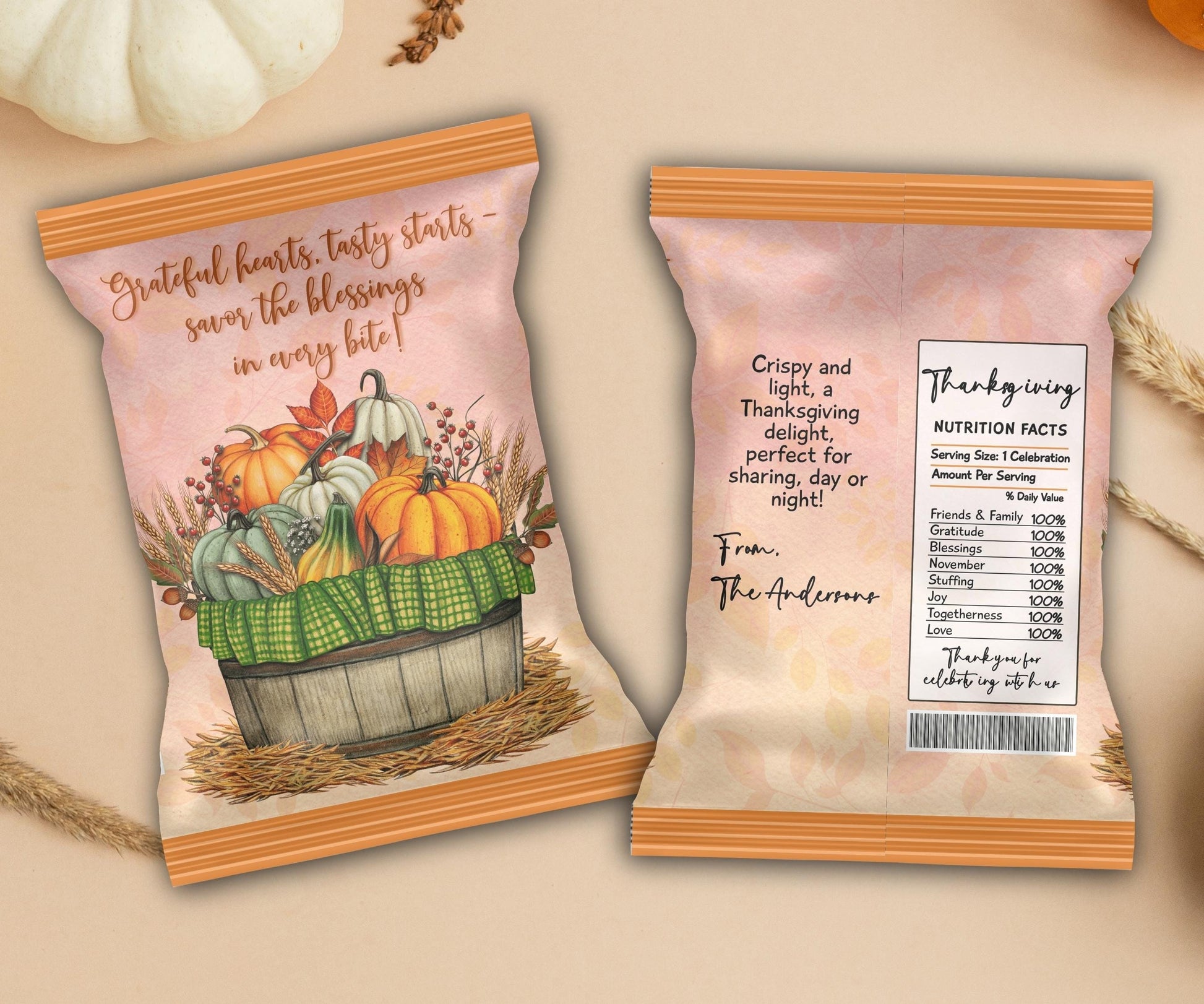 Harvest Pumpkin Chip Bag Template, Fall Party Favors, Thanksgiving Chip Bag Wrapper, Editable Thanksgiving Chip Bag, Printable Favor Bag-Thanksgiving -TheHustlingCatLady-Party Favors