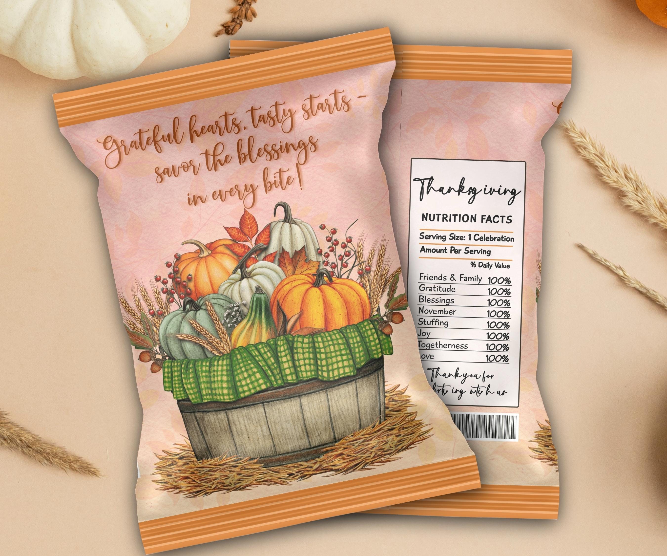 Harvest Pumpkin Chip Bag Template, Fall Party Favors, Thanksgiving Chip Bag Wrapper, Editable Thanksgiving Chip Bag, Printable Favor Bag-Thanksgiving -TheHustlingCatLady-Party Favors