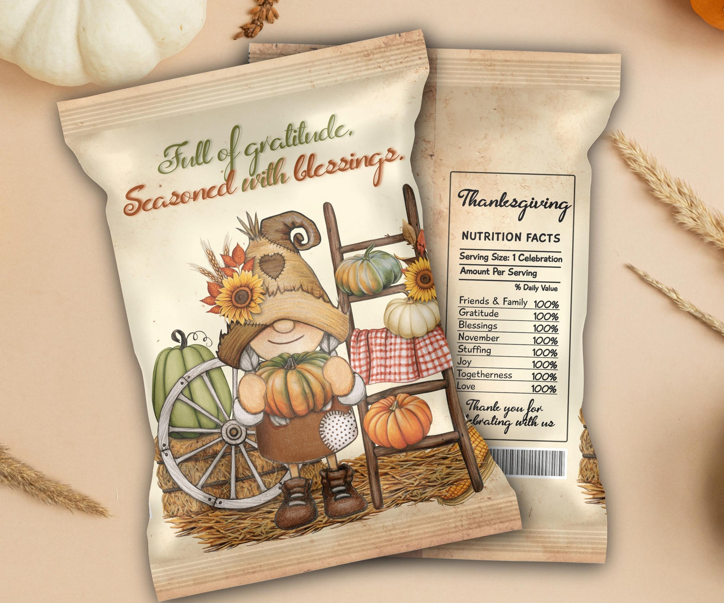 Pumpkin Gnome Chip Bag Template, Fall Party Favors, Thanksgiving Chip Bag Wrapper, Editable Thanksgiving Chip Bag, Printable Favor Bag-Thanksgiving -TheHustlingCatLady-Party Favors