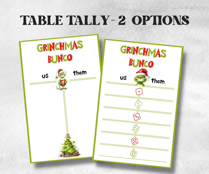 Grinchmas Bunco Party, Grinchmas Bunco Night, Printable Grinchmas Bunco Score Sheet, , Bunco Game, Tally Sheet, bunco score cards, merry-Christmas -TheHustlingCatLady-Party Games