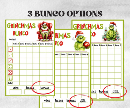 Grinchmas Bunco Party, Grinchmas Bunco Night, Printable Grinchmas Bunco Score Sheet, , Bunco Game, Tally Sheet, bunco score cards, merry-Christmas -TheHustlingCatLady-Party Games