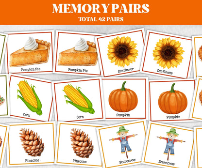 Thanksgiving Memory Pairs, 42 Pairs, Memory Card Game, Thanksgiving Kids activity, Fall Memory Game card, Friendsgiving game, Family Holiday-Thanksgiving -TheHustlingCatLady-Party Games