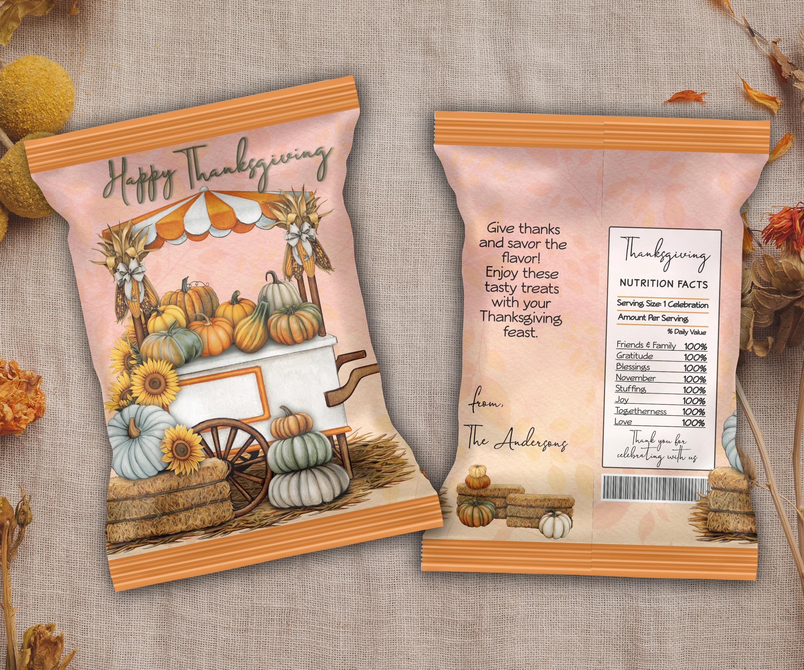 Thanksgiving Chip Bag Wrapper, Editable Thanksgiving Chip Bag, Chip Bag Template, Printable Favor Bags, Fall Harvest Party Favors, Dinner-Thanksgiving -TheHustlingCatLady-Party Favors