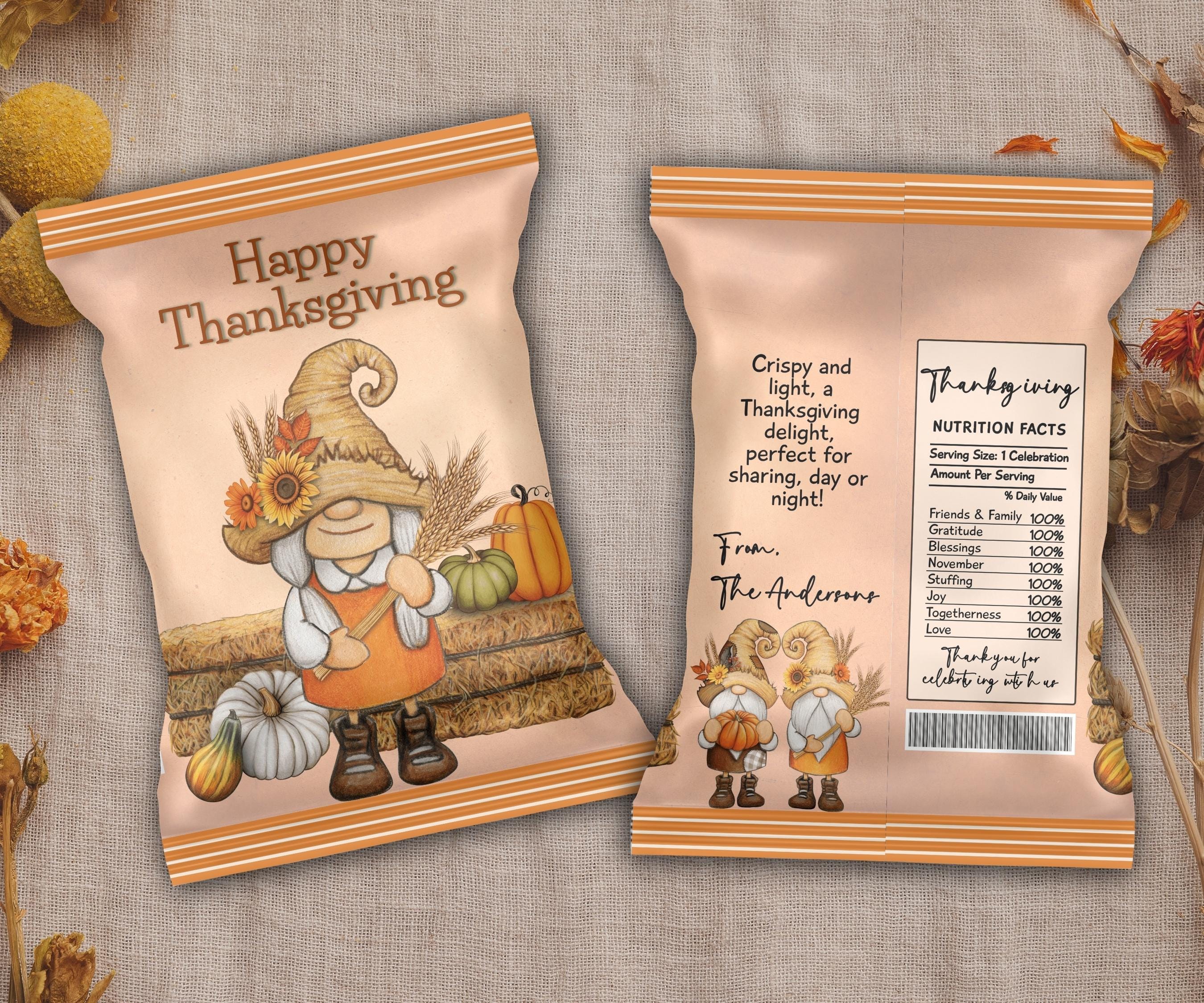 Editable Thanksgiving Chip Bag Wrapper, Thanksgiving Chip Bag, Chip Bag Template, Printable Favor Bags, Fall Harvest Party Favors, Dinner-Thanksgiving -TheHustlingCatLady-Party Favors