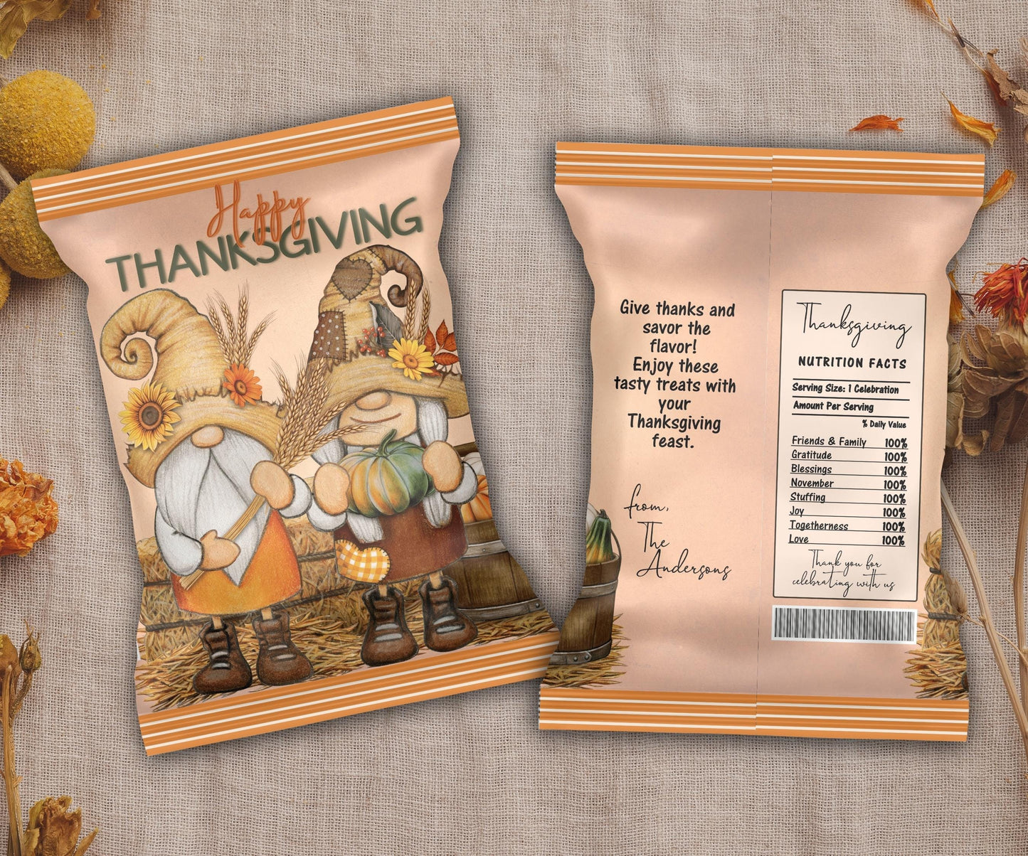 Fall Harvest Party Favors, Gnome Chip Bag Template, Thanksgiving Chip Bag Wrapper, Editable Thanksgiving Chip Bag, Printable Favor Bags-Thanksgiving -TheHustlingCatLady-Party Favors