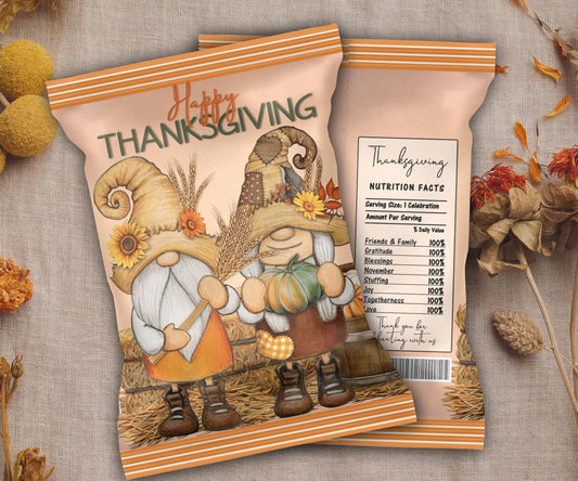 Fall Harvest Party Favors, Gnome Chip Bag Template, Thanksgiving Chip Bag Wrapper, Editable Thanksgiving Chip Bag, Printable Favor Bags-Thanksgiving -TheHustlingCatLady-Party Favors