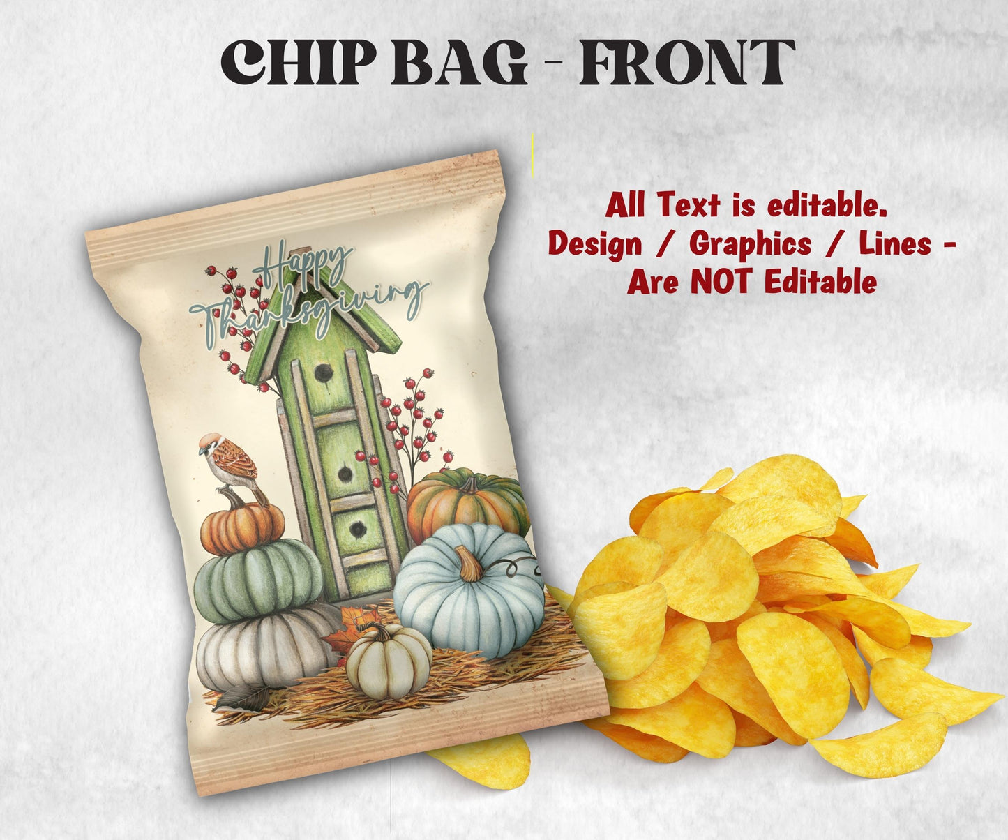 Pumpkin Chip Bag Template, Fall Harvest Party Favors, Thanksgiving Chip Bag Wrapper, Editable Thanksgiving Chip Bag, Printable Favor Bags-Thanksgiving -TheHustlingCatLady-Party Favors