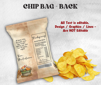 Pumpkin Chip Bag Template, Fall Harvest Party Favors, Thanksgiving Chip Bag Wrapper, Editable Thanksgiving Chip Bag, Printable Favor Bags-Thanksgiving -TheHustlingCatLady-Party Favors