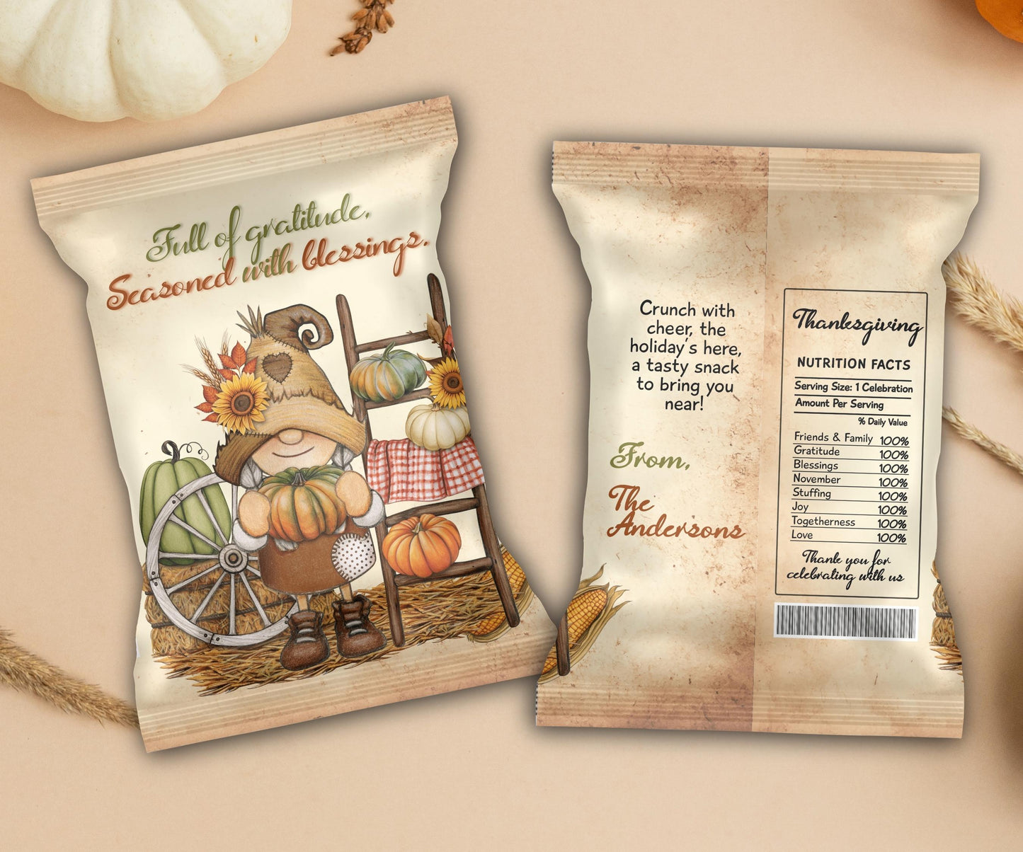 Pumpkin Gnome Chip Bag Template, Fall Party Favors, Thanksgiving Chip Bag Wrapper, Editable Thanksgiving Chip Bag, Printable Favor Bag-Thanksgiving -TheHustlingCatLady-Party Favors