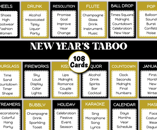 New Year's Taboo, Printable Taboo Game, Fun Winter Activity, Get Kids Talking, Kids New Year's Eve, New Year Party, Holiday Party Game- -TheHustlingCatLady-Party Games