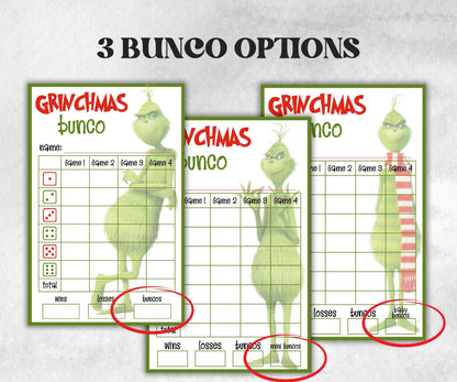 Grinchmas Bunco Night, Printable Grinchmas Bunco Score Sheet, Grinchmas Bunco Invitation, Bunco Game, Tally Sheet, bunco score cards, merry-Christmas -TheHustlingCatLady-Party Games