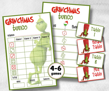 Grinchmas Bunco Night, Printable Grinchmas Bunco Score Sheet, Grinchmas Bunco Invitation, Bunco Game, Tally Sheet, bunco score cards, merry-Christmas -TheHustlingCatLady-Party Games