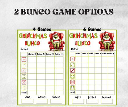 Grinchmas Bunco Party, Grinchmas Bunco Night, Printable Grinchmas Bunco Score Sheet, , Bunco Game, Tally Sheet, bunco score cards, merry-Christmas -TheHustlingCatLady-Party Games