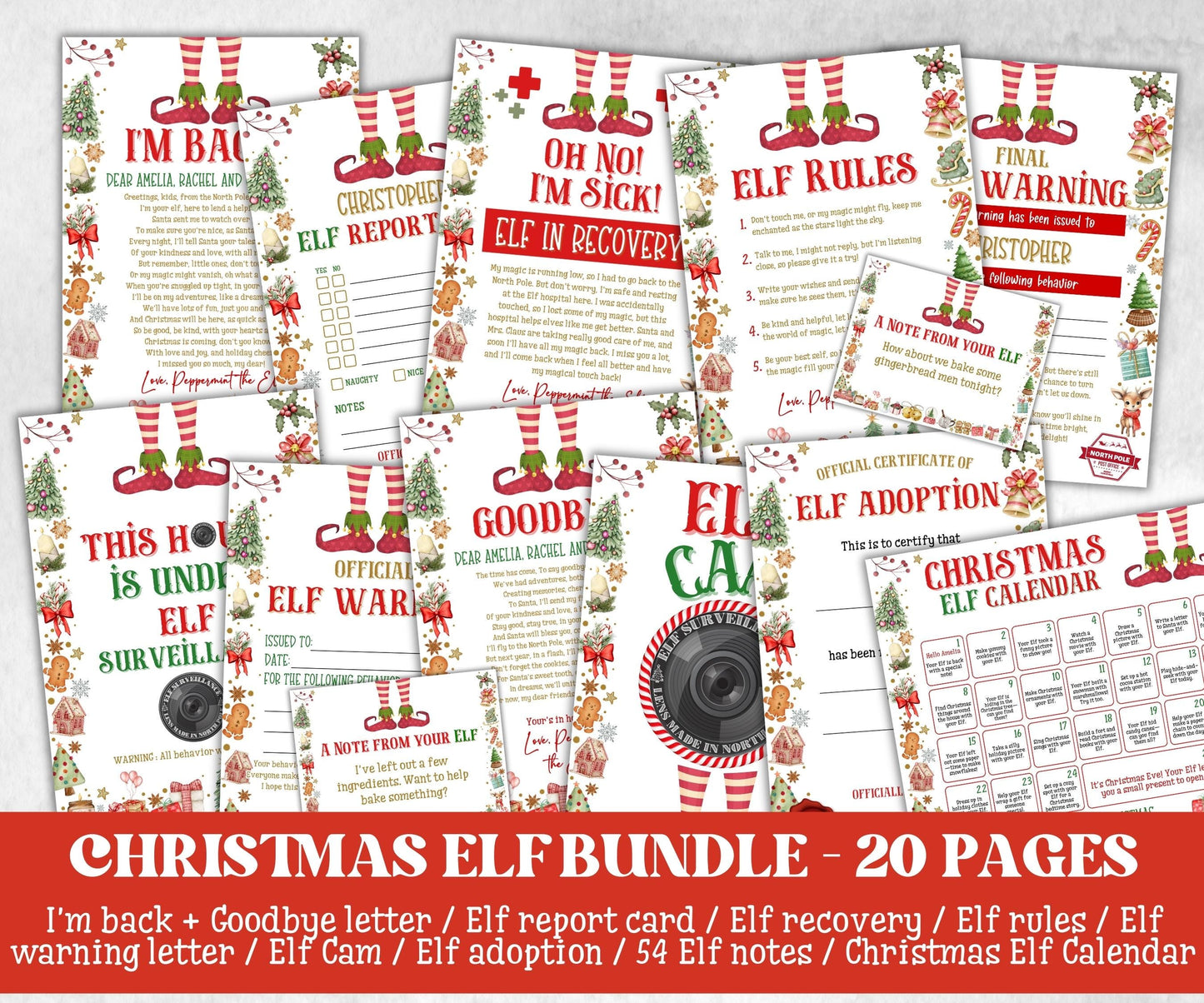 Christmas Elf Bundle, Elf Arrival Letter, Printable Elf Kit, Elf warning Elf Notes, Elf Calendar, Elf Report Card, Elf Adoption Certificate-Christmas -TheHustlingCatLady-Templates