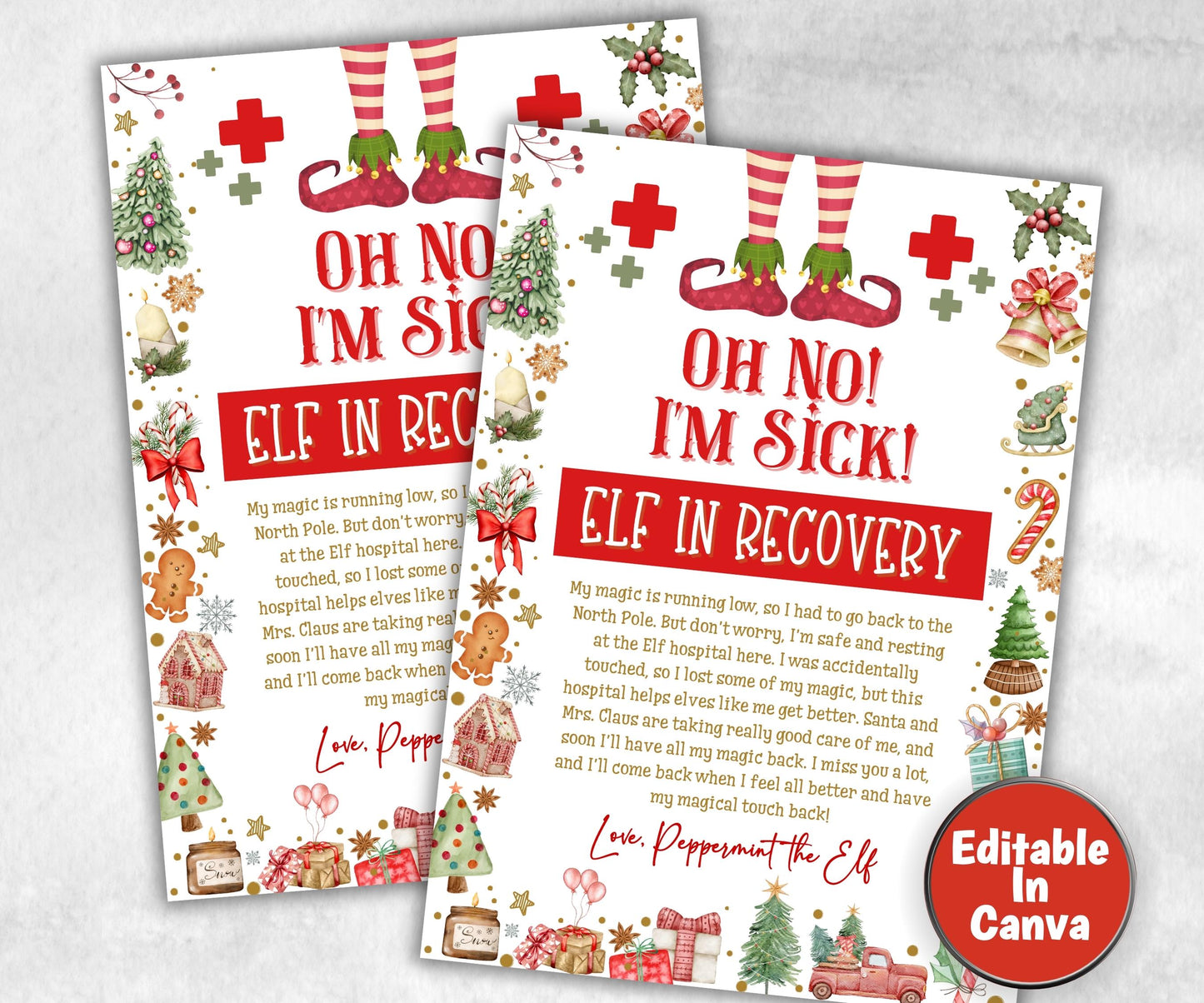 Editable Elf Recovery Letter, Oh No I’m Sick Editable, Kids Elf Printable, Elf Arrival Note, Don’t Touch the Elf, Elf Idea Activities, sick-Christmas -TheHustlingCatLady-Templates