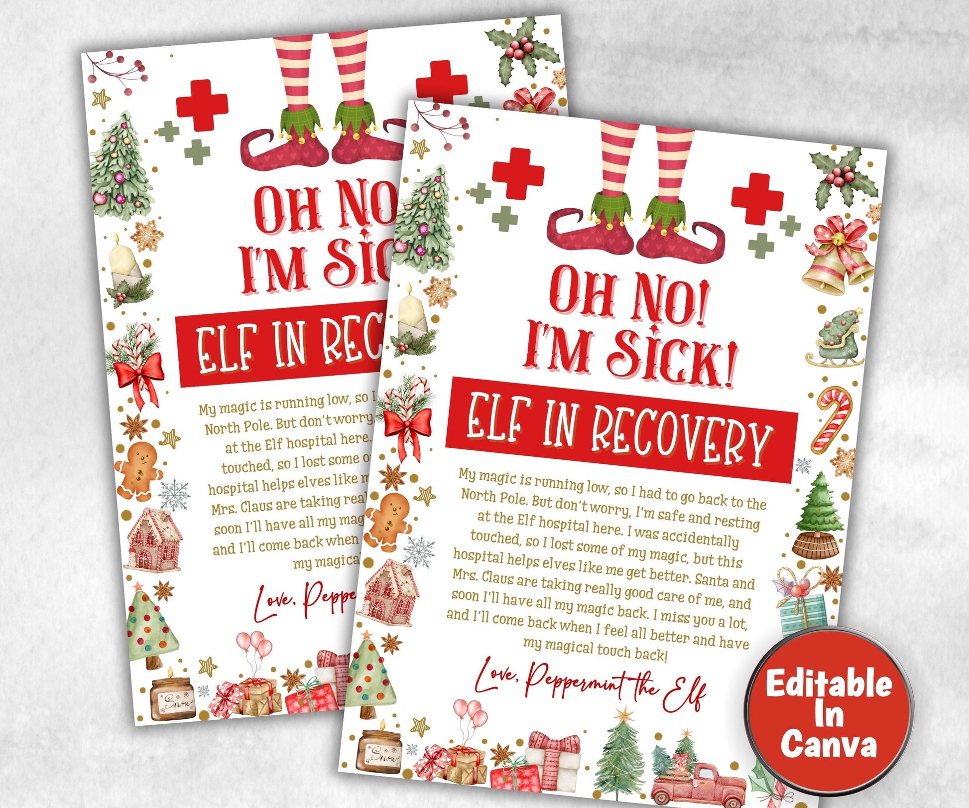 Editable Elf Recovery Letter, Oh No I’m Sick Editable, Kids Elf Printable, Elf Arrival Note, Don’t Touch the Elf, Elf Idea Activities, sick-Christmas -TheHustlingCatLady-Templates